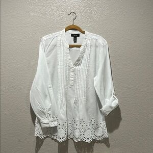 Style & Co Sz XL White Tunic Lace Trim Top Blouse Women Stylish Cut 100% Cotton